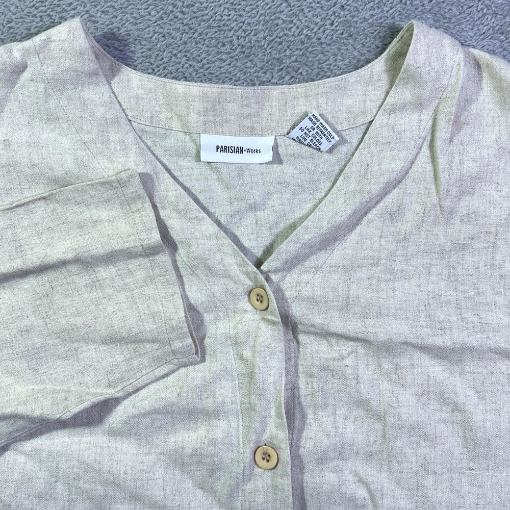PARISIAN WORKS Linen Blend Embroidered Button‎ Front Shirt Beige Women's Top